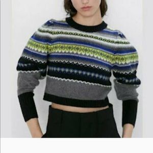 Zara Jacquard Knit Striped Cropped Long Sleeve Wool Sweater